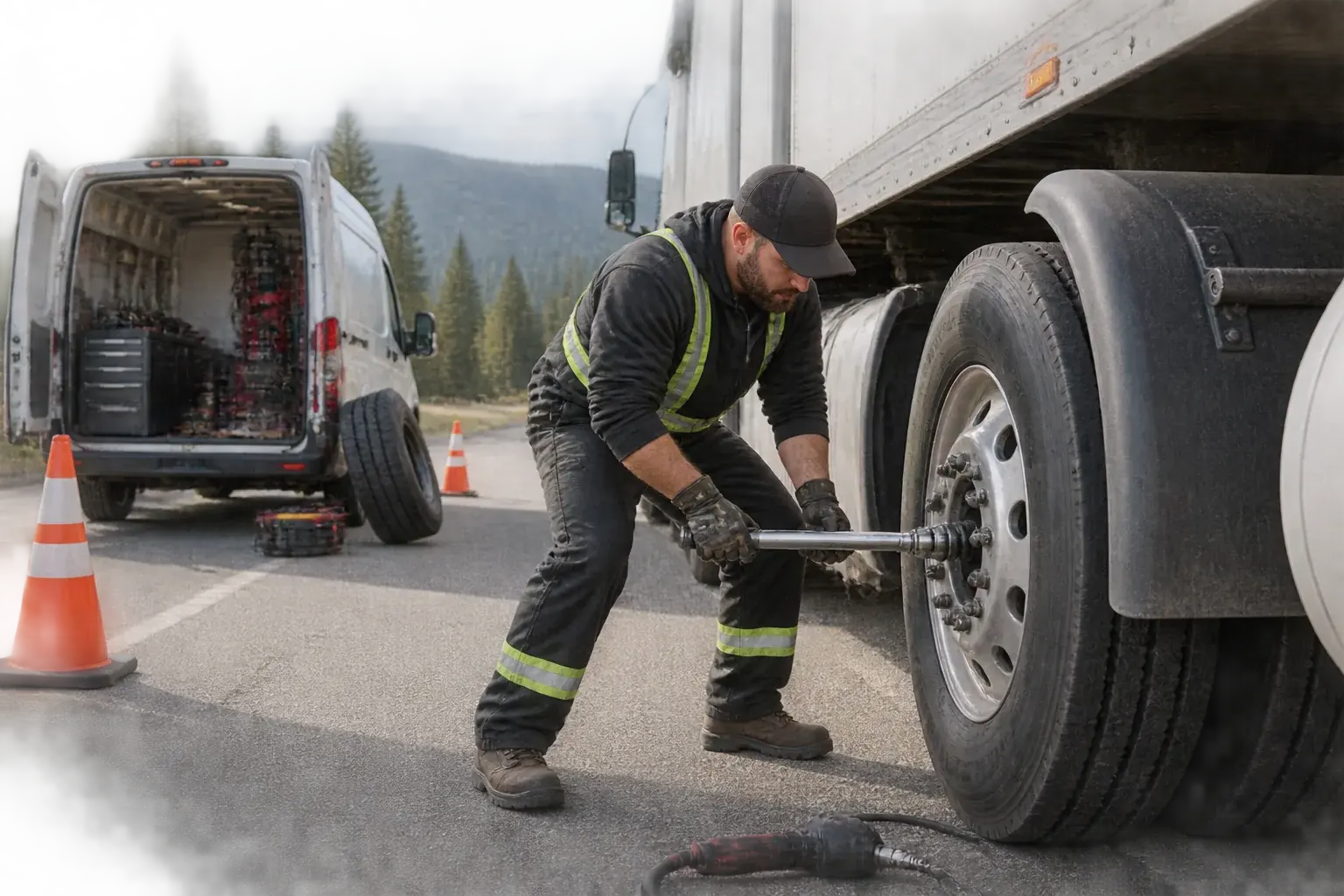 Roadside tire technician servicing a commercial truck wheel