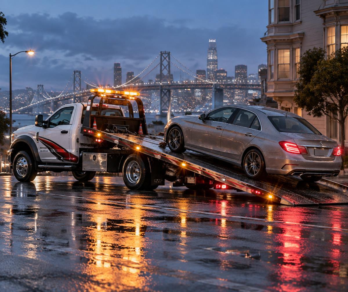 Flatbed tow truck transporting a car on a wet city street at dusk