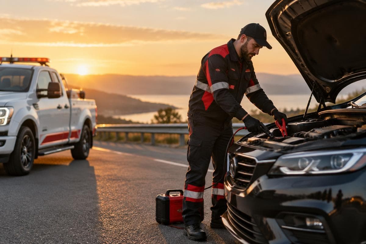 Roadside technician providing battery assistance at sunset