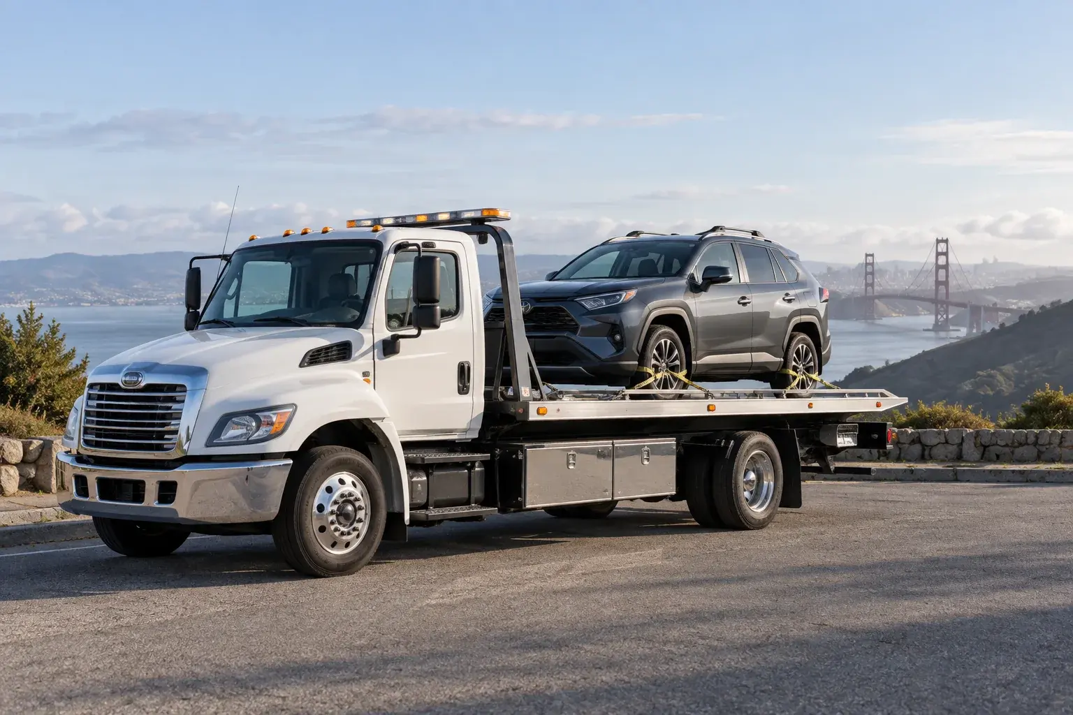 Flatbed tow truck carrying an SUV along a scenic coastal route