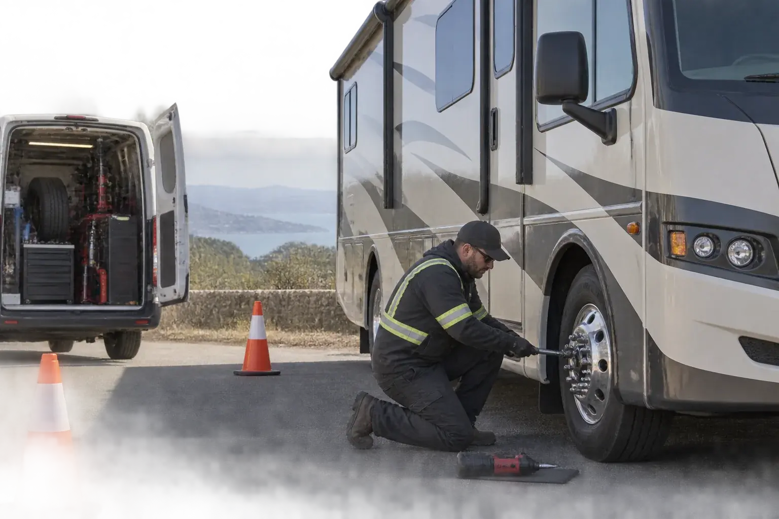Roadside technician servicing a motorhome wheel with a mobile tire van nearby