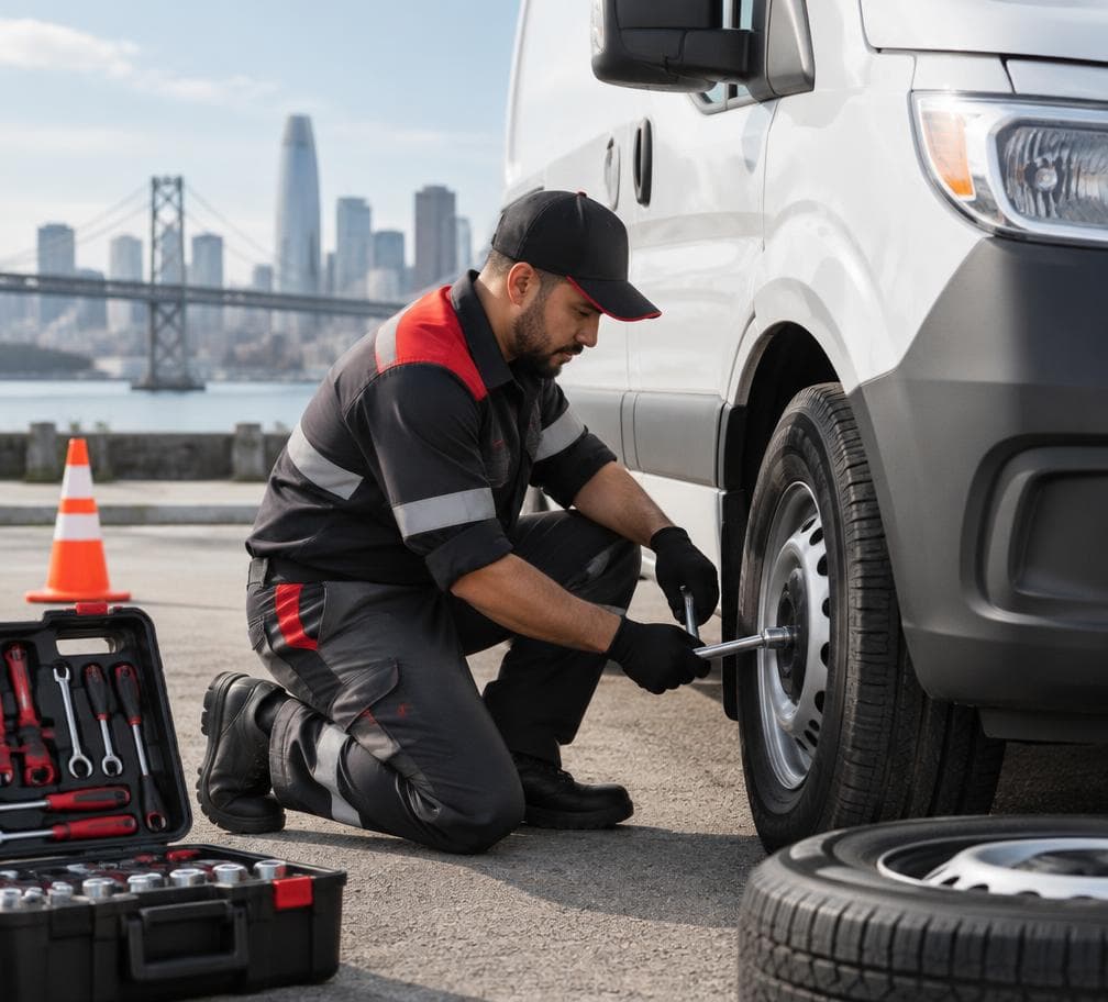 Roadside technician changing a vehicle tire beside a service truck
