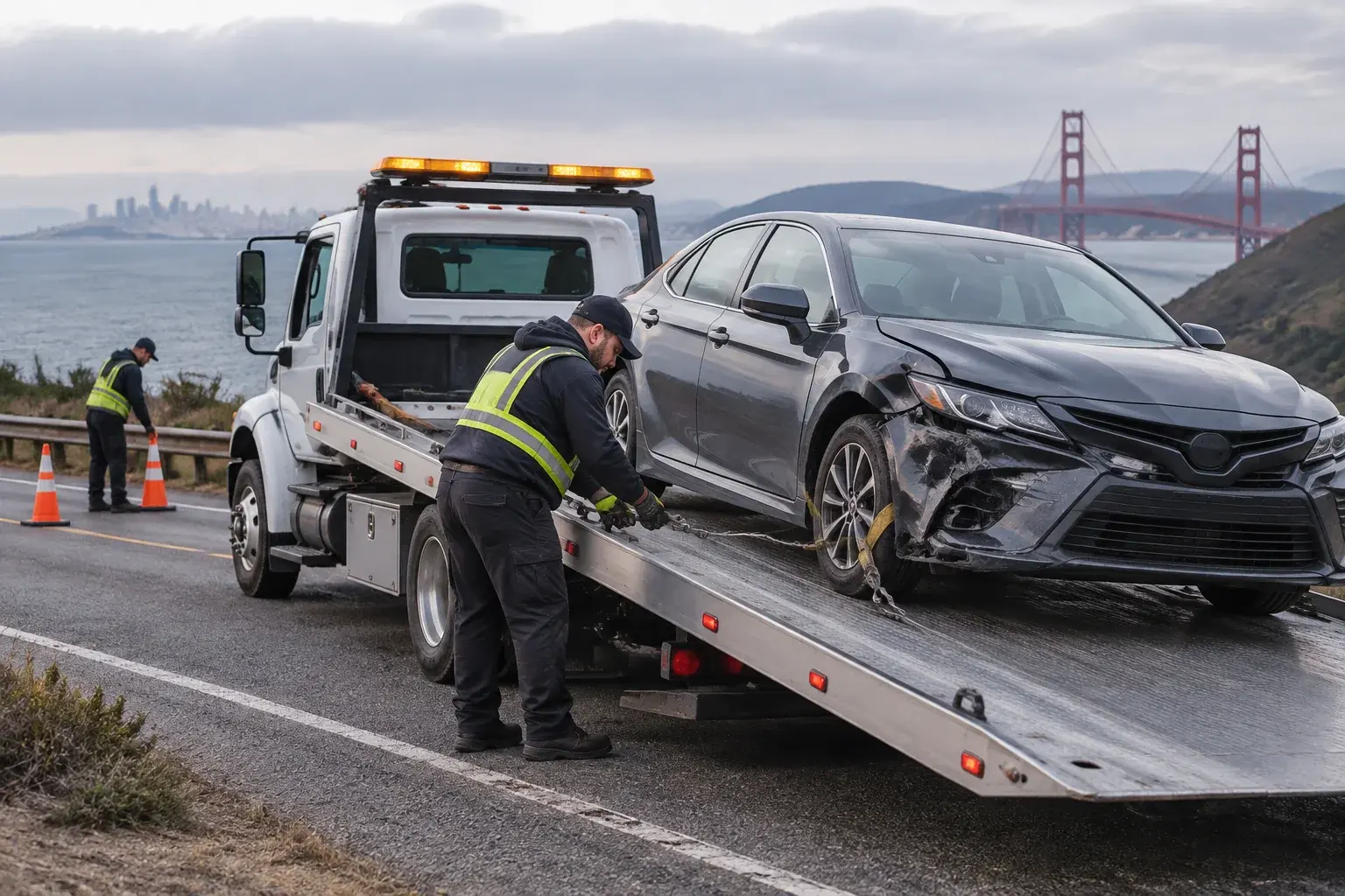 Roadside operator securing a damaged sedan onto a flatbed tow truck