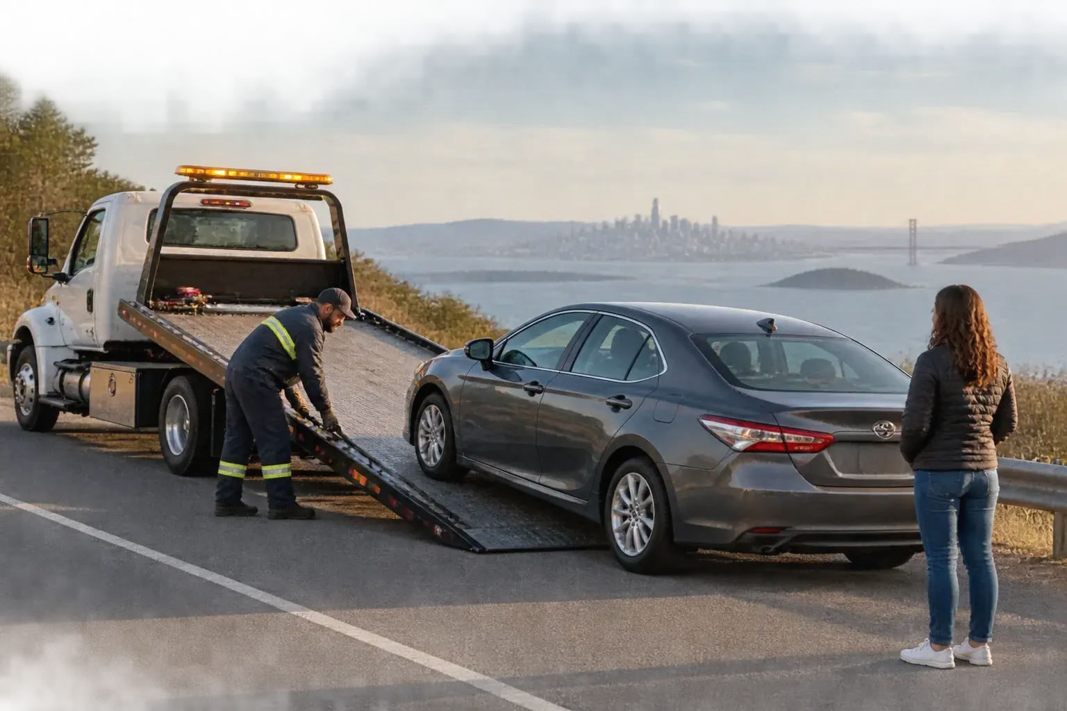 Tow operator loading a disabled sedan onto a flatbed beside its driver