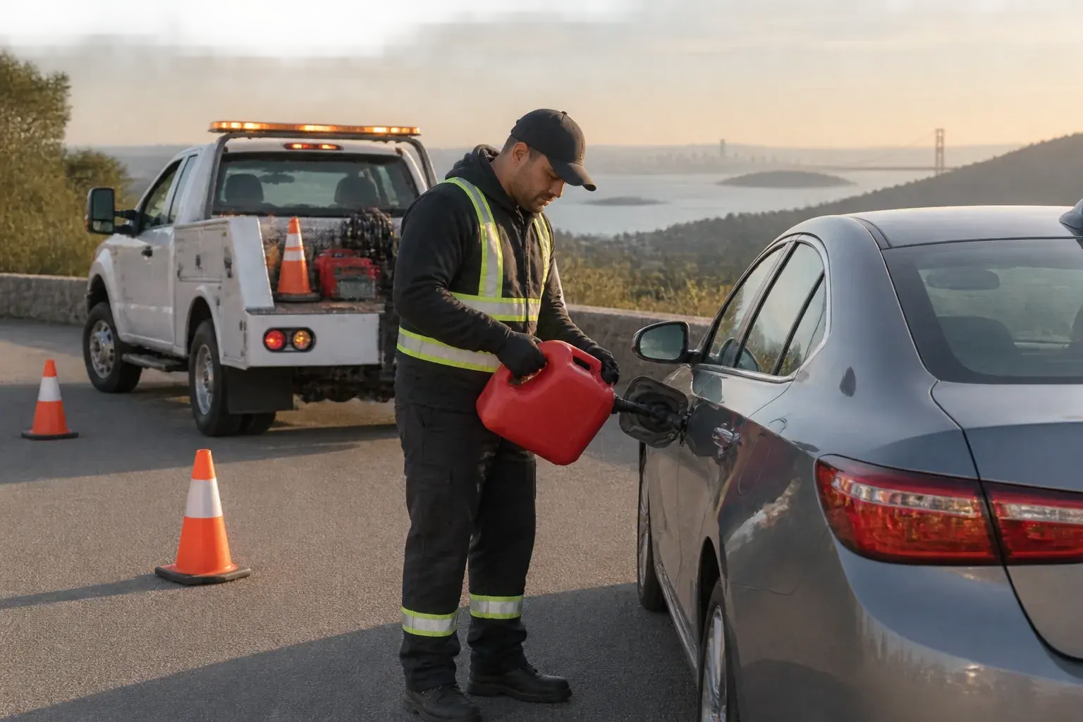 Roadside technician delivering fuel to a stranded driver beside a service truck