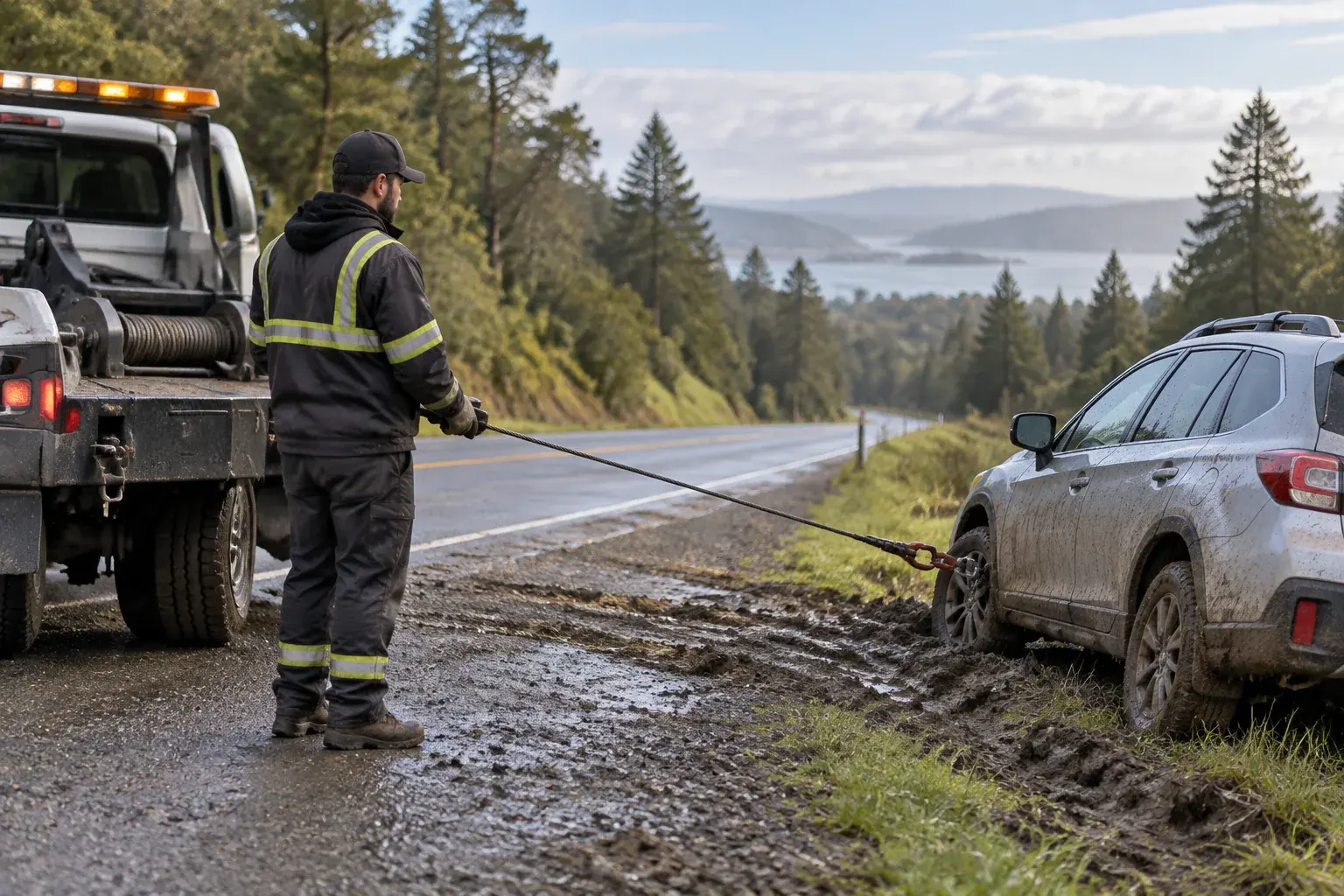 Recovery operator winching a vehicle from a muddy roadside shoulder